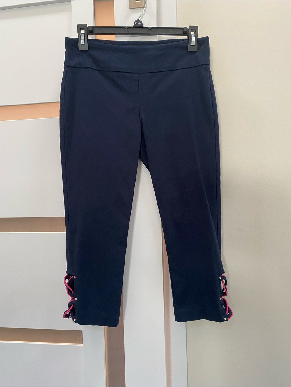 Attyre Navy Capri Pants with Pink Lace-Up Side Slits
